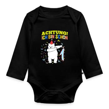 Achtung Ich Bin Schon 1 Geburtstag Eisbär - Baby Bio-Langarm-Body - Schwarz - Vorne