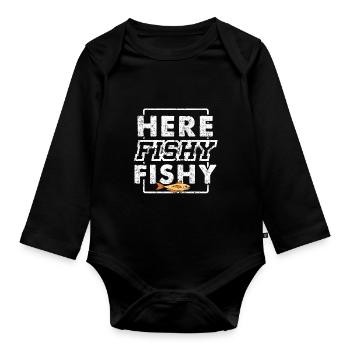 Here Fishy Fishy Funny Vintage Fishing T-Shirt - Organic Longsleeve Baby Bodysuit - black - Front