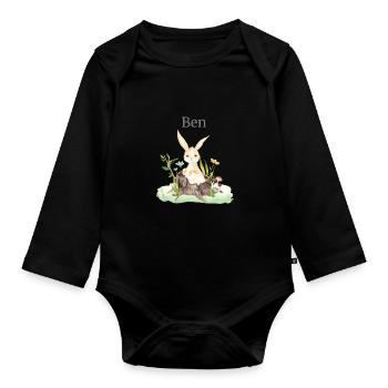 Waldtier Reh Hase Igel Blumen Name Ben - Baby Bio-Langarm-Body - Schwarz - Vorne