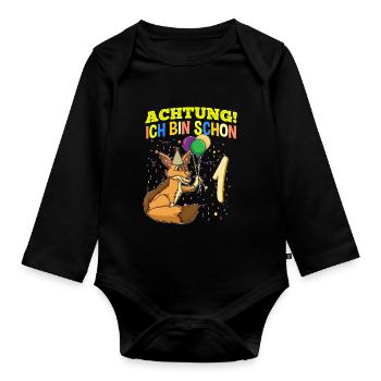 Achtung Ich Bin Schon 1 Tier Geburtstag Schakal - Baby Bio-Langarm-Body - Schwarz - Vorne