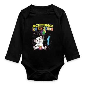 Achtung Ich Bin Schon 1 Tier Geburtstag Eisbär - Baby Bio-Langarm-Body - Schwarz - Vorne