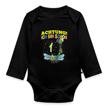 Achtung Ich Bin Schon 1 Tier Geburtstag Libelle - Baby Bio-Langarm-Body - Schwarz - Vorne