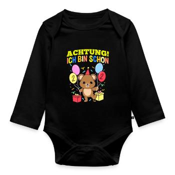 Achtung Ich Bin Schon 2 Geburtstag Teddybär - Baby Bio-Langarm-Body - Schwarz - Vorne