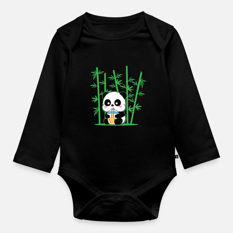 Kawaii Panda Bubble Tea Boba Tee Panda - Body Bébé bio manches longues - noir