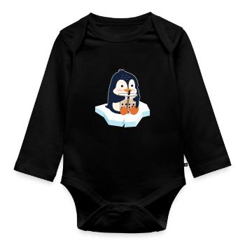Kawaii Pinguin Bubble Tea Boba Tea Pinguin - Baby Bio-Langarm-Body - Schwarz - Vorne