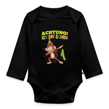 Achtung Ich Bin Schon 1 Geburtstag Affen - Baby Bio-Langarm-Body - Schwarz - Vorne