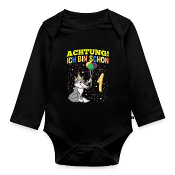 Achtung Ich Bin Schon 1 Tier Geburtstag Wolf - Baby Bio-Langarm-Body - Schwarz - Vorne