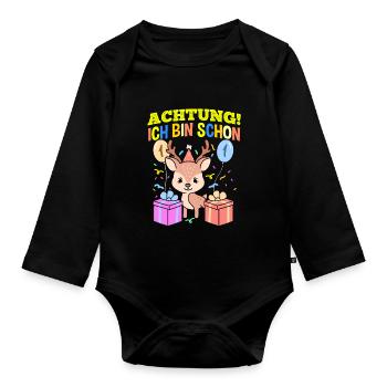 Achtung Ich Bin Schon 1 Geburtstag Hirsch - Baby Bio-Langarm-Body - Schwarz - Vorne