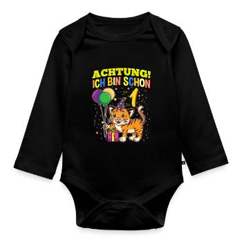 Achtung Ich Bin Schon 1 Tier Geburtstag Tiger - Baby Bio-Langarm-Body - Schwarz - Vorne