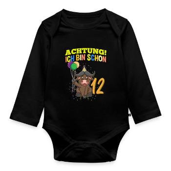 Achtung Ich Bin Schon 12 Geburtstag Büffel Bison - Baby Bio-Langarm-Body - Schwarz - Vorne