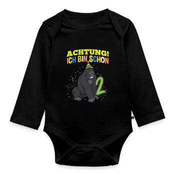 Achtung Ich Bin Schon 2 Geburtstag Gorilla - Baby Bio-Langarm-Body - Schwarz - Vorne