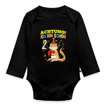 Achtung Ich Bin Schon 2 Geburtstag Bartagame - Baby Bio-Langarm-Body - Schwarz - Vorne
