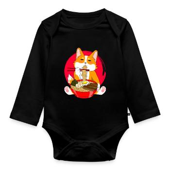 Kawaii Anime Nouilles japonaises Corgi Dog - Body Bébé bio manches longues - noir - Devant