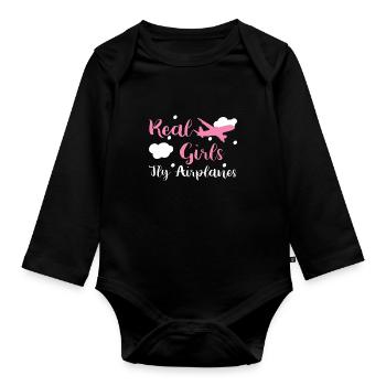 Airplane Pilot Aviation Real Girls Fly Airplanes - Organic Longsleeve Baby Bodysuit - black - Front