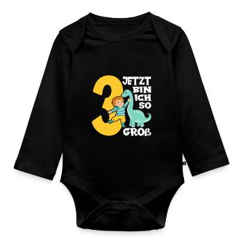 Dino Junge 3. Geburtstag Jetzt bin ich so groß - Baby Bio-Langarm-Body - Schwarz - Vorne