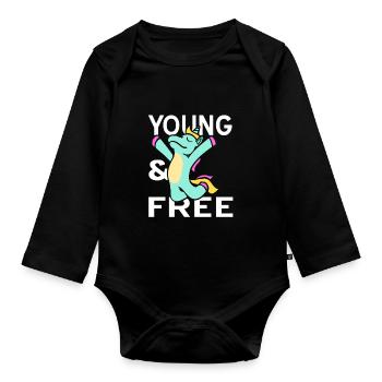 Young & Free Retro Cute Unicorn T-Shirt Present - Organic Longsleeve Baby Bodysuit - black - Front
