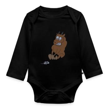 Funny bull is afraid of mouse farmer motif - Organic Longsleeve Baby Bodysuit - black - Front