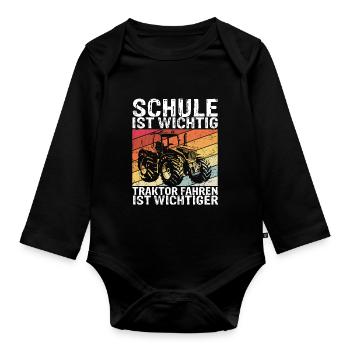 Traktor Spruch Schule Ist Wichtig Traktor Jungen T - Baby Bio-Langarm-Body - Schwarz - Vorne