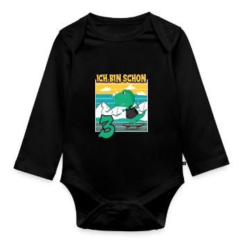 Dino Geburtstagsmotiv 3 Jahre Jungen Geschenkidee - Baby Bio-Langarm-Body - Schwarz - Vorne