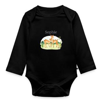 Forest Animal Deer Flowers Name Sophie - Organic Longsleeve Baby Bodysuit - black - Front