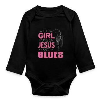 This Girl Runs On Jesus & Blues Cool Retro - Organic Longsleeve Baby Bodysuit - black - Front