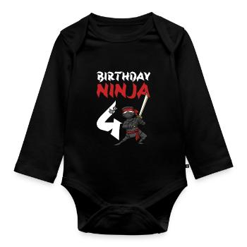 Geburtstagsparty 4 Jahre alter japanischer Ninja Geburtstag - Baby Bio-Langarm-Body - Schwarz - Vorne