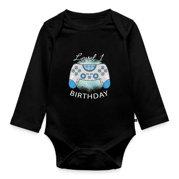 Level 1 Birthday Play Birthday Present - Organic Longsleeve Baby Bodysuit - black - Front