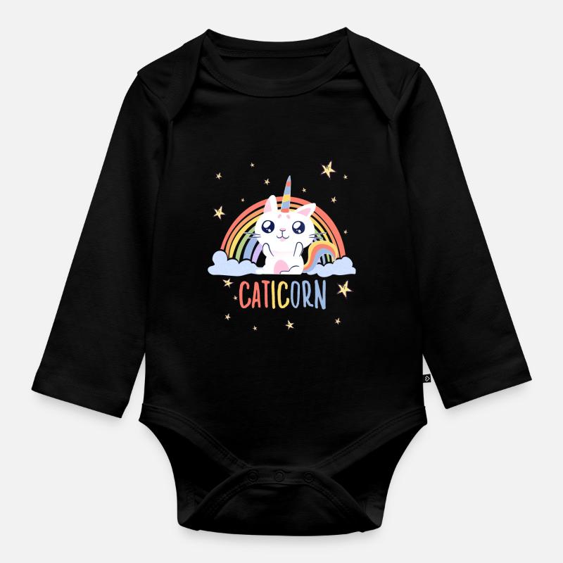 Süßes Caticorn Katze Einhorn Regenbogen Katzen - Baby Bio-Langarm-Body - Schwarz
