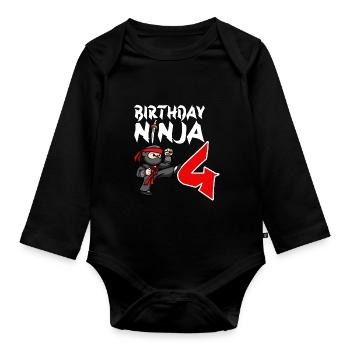 Geburtstagsparty 4 Jahre alter japanischer Ninja Geburtstag - Baby Bio-Langarm-Body - Schwarz - Vorne