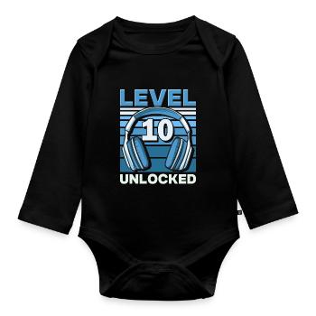 Level 10 Unlocked Gaming Geburtstag Gamer - Baby Bio-Langarm-Body - Schwarz - Vorne