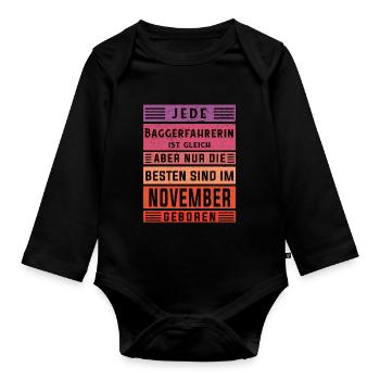 Bagger-Fahrer Geburtstag November geboren - Baby Bio-Langarm-Body - Schwarz - Vorne
