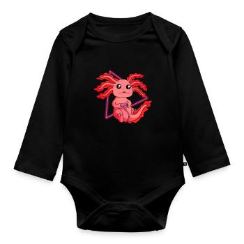 Gamesolotl Video Gamer Kawaii Anime Axolotl - Baby Bio-Langarm-Body - Schwarz - Vorne