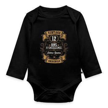 Vintage 12 ans, Idée cadeau d'anniversaire 12 ans. - Body Bébé bio manches longues - noir - Devant