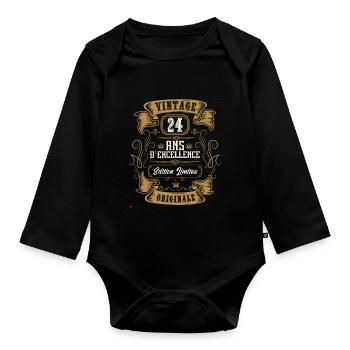 Vintage 24 ans, Idée cadeau d'anniversaire 24 ans. - Body Bébé bio manches longues - noir - Devant