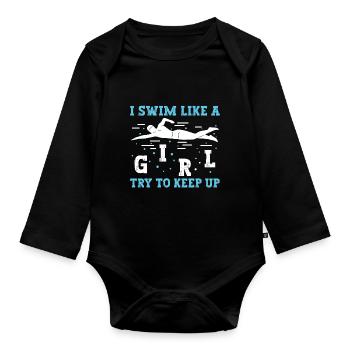 Schimmer Schwimmen Je nage comme une fille J’essaie de garder - Body Bébé bio manches longues - noir - Devant