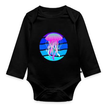 Retro-Quallen-Ozeanleben-Fisch-Meerestiere - Baby Bio-Langarm-Body - Schwarz - Vorne
