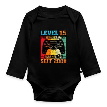 Gaming Geburtstag 2008 Level 15 - Baby Bio-Langarm-Body - Schwarz - Vorne