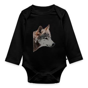 Tête de loup motif d’animal sauvage imprimé avec loup - Body Bébé bio manches longues - noir - Devant
