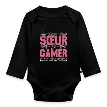 J'ai deux titres Sœur et Gamer. Cadeau soeur . - Body Bébé bio manches longues - noir - Devant