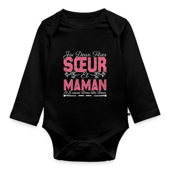 J'ai deux titres Sœur et maman. Cadeau soeur . - Body Bébé bio manches longues - noir - Devant