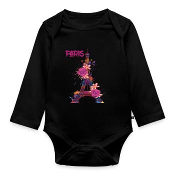 Paris-Roses-Tour Eiffel-Souvenir-France-Français - Body Bébé bio manches longues - noir - Devant