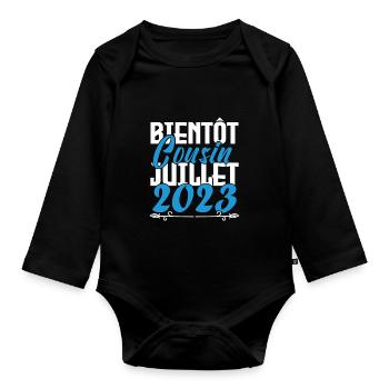 Annonce grossesse bientôt Cousin Juillet 2023. - Body Bébé bio manches longues - noir - Devant
