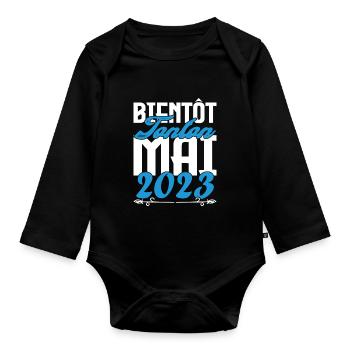 Cadeau Annonce grossesse bientôt Tonton Mai 2023 - Body Bébé bio manches longues - noir - Devant