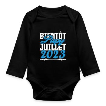 Cadeau Annonce grossesse bientôt Papy Juillet 2023 - Body Bébé bio manches longues - noir - Devant