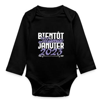 Annonce grossesse. bientôt Mamie Janvier 2023. - Body Bébé bio manches longues - noir - Devant