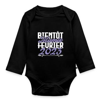 Annonce grossesse. bientôt Mamie Février 2023. - Body Bébé bio manches longues - noir - Devant