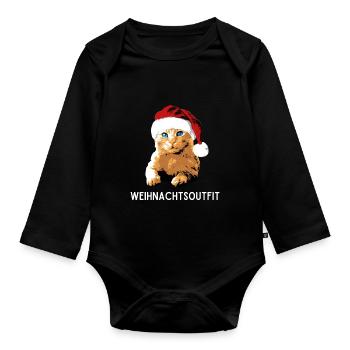 Weihnachtsoutfit Katze mit Weihnachtsmütze xmas - Baby Bio-Langarm-Body - Schwarz - Vorne