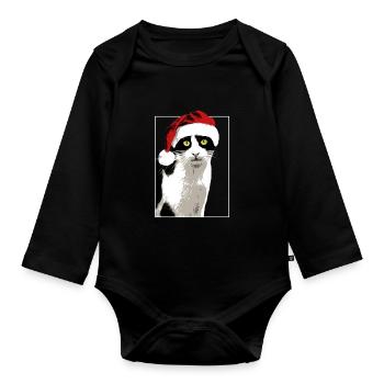 Christmas Katze Weihnachten Xmas weihnachtsmütze - Baby Bio-Langarm-Body - Schwarz - Vorne