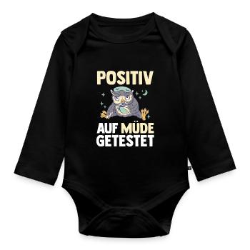 Tested positive for tired owl - Organic Longsleeve Baby Bodysuit - black - Front