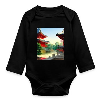 Haruno Illustration du temple japonais Japon - Body Bébé bio manches longues - noir - Devant